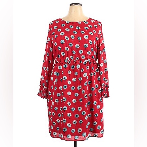 J. Crew Factory 3/4 Sleeve Red Floral Dress with ruffle waist details, US 20 - Picture 1 of 8